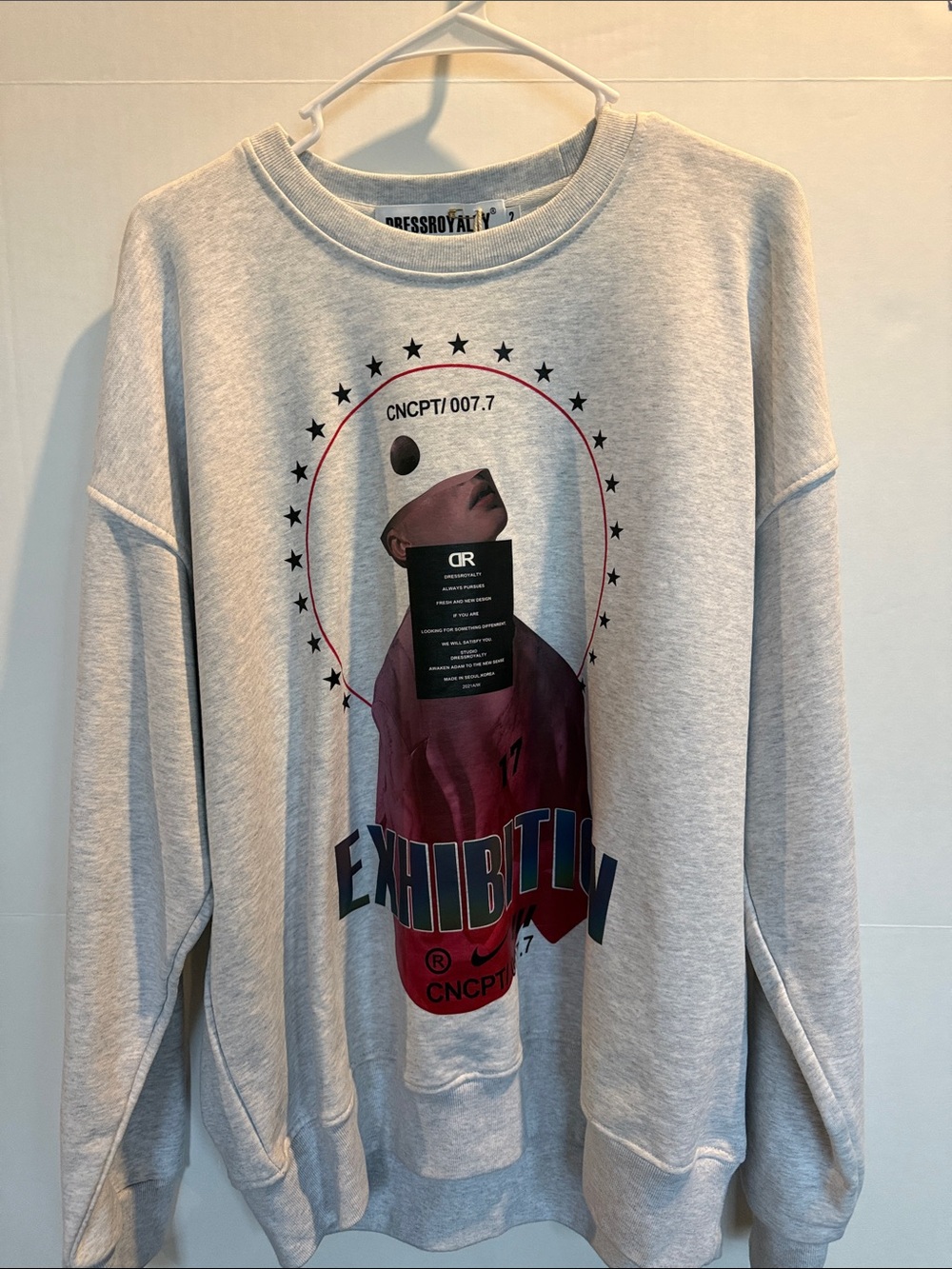 Royalty For Me Light Gray Crewneck with Multicolor Exhibition Graphic